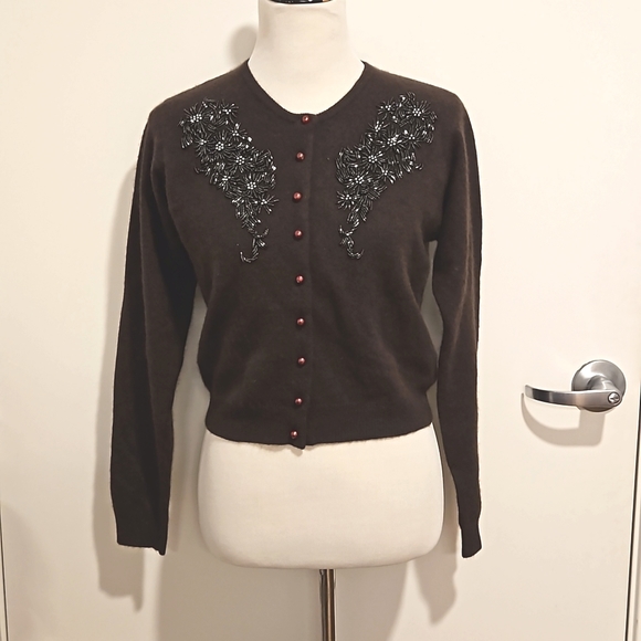 AIRPORT Brown long sleeve button down beaded embellished Angora lambswool M EUC - Picture 2 of 11